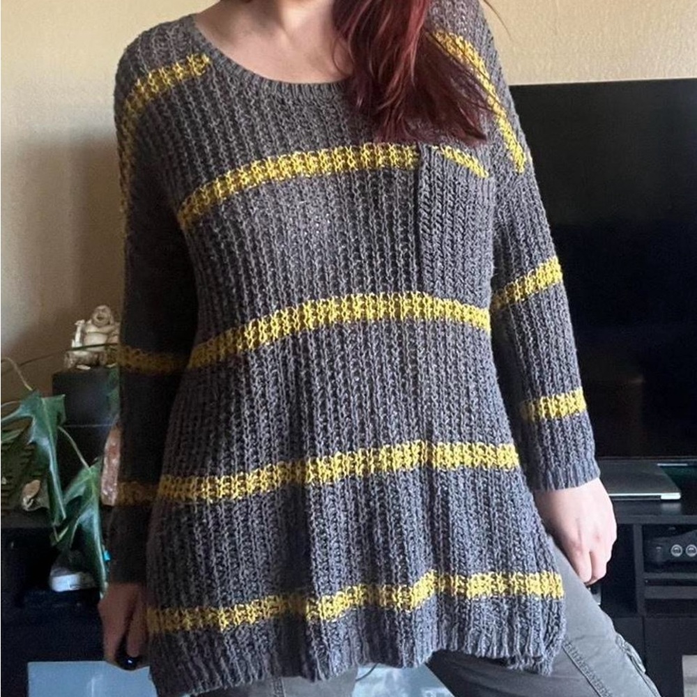 Gray and Yellow Striped Women's Sweater